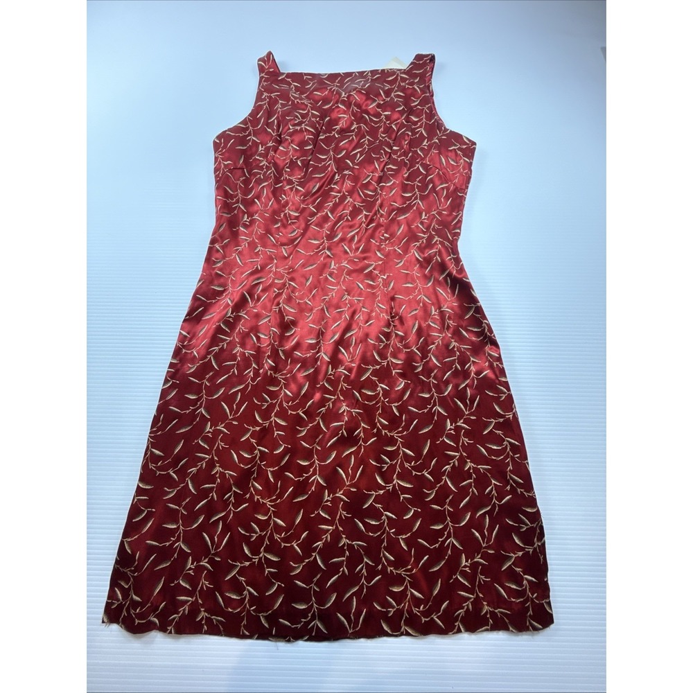 Vintage Tart Vibrant Red Golden Leaves‎ Satin Midi Dress Size 11 NWT Made In USA
